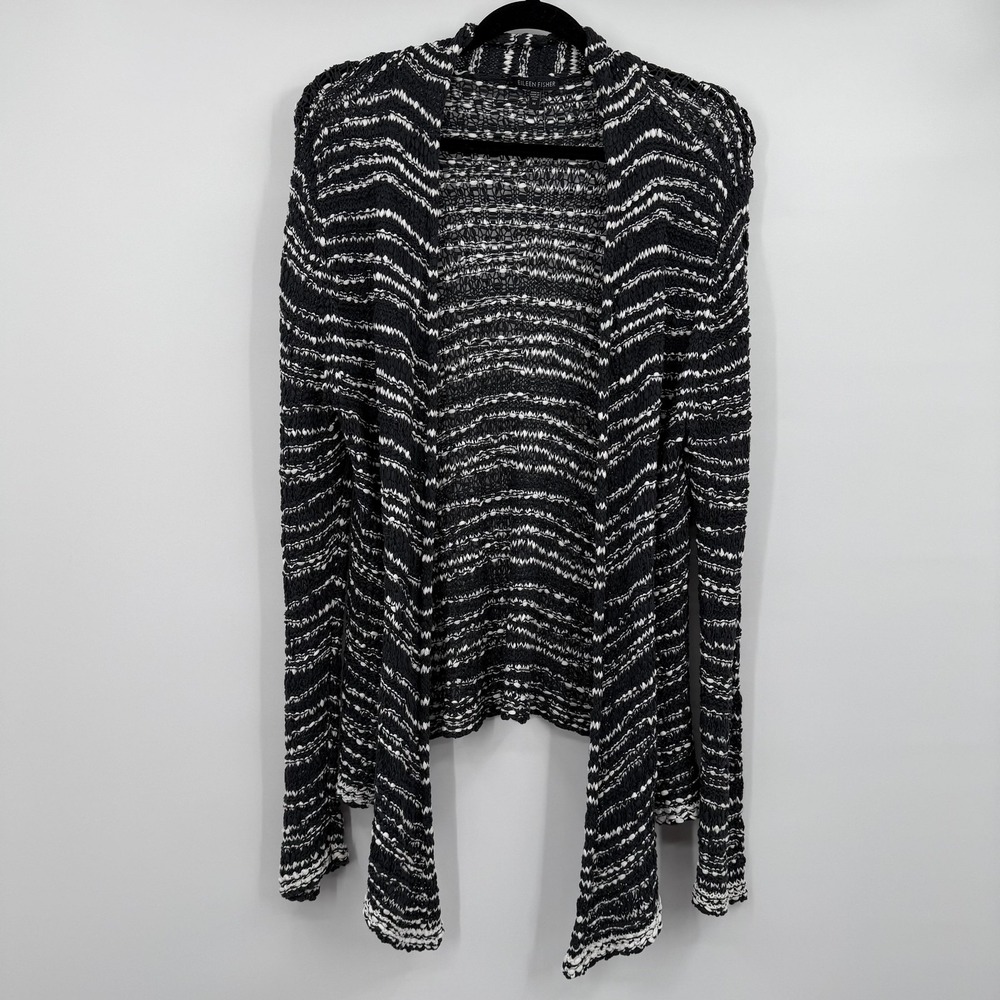 Eileen Fisher Cardigan Womens Medium Black Striped Open Knit Lightweight Crochet